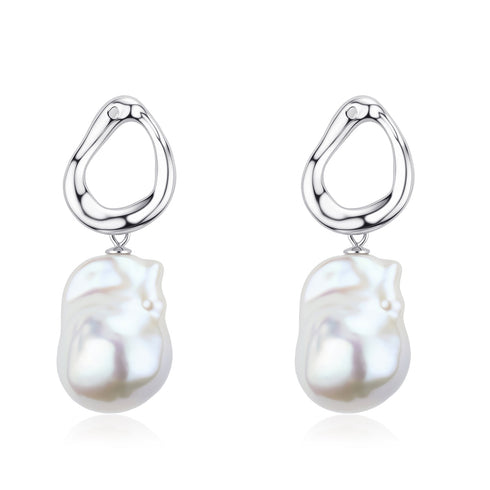 Modern Silver Triangle Baroque Pearl Earrings